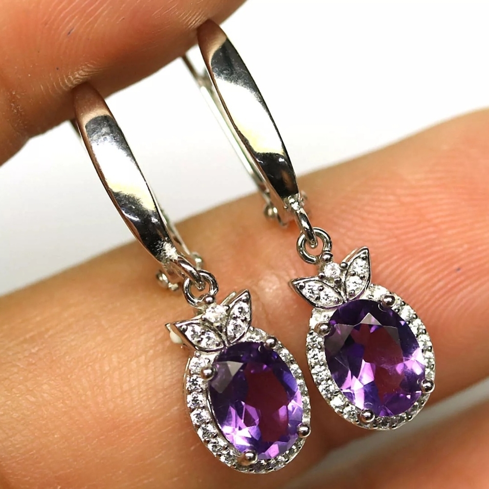 Elegant Sterling Silver Genuine Amethyst Huggie Dangle Earrings!♡